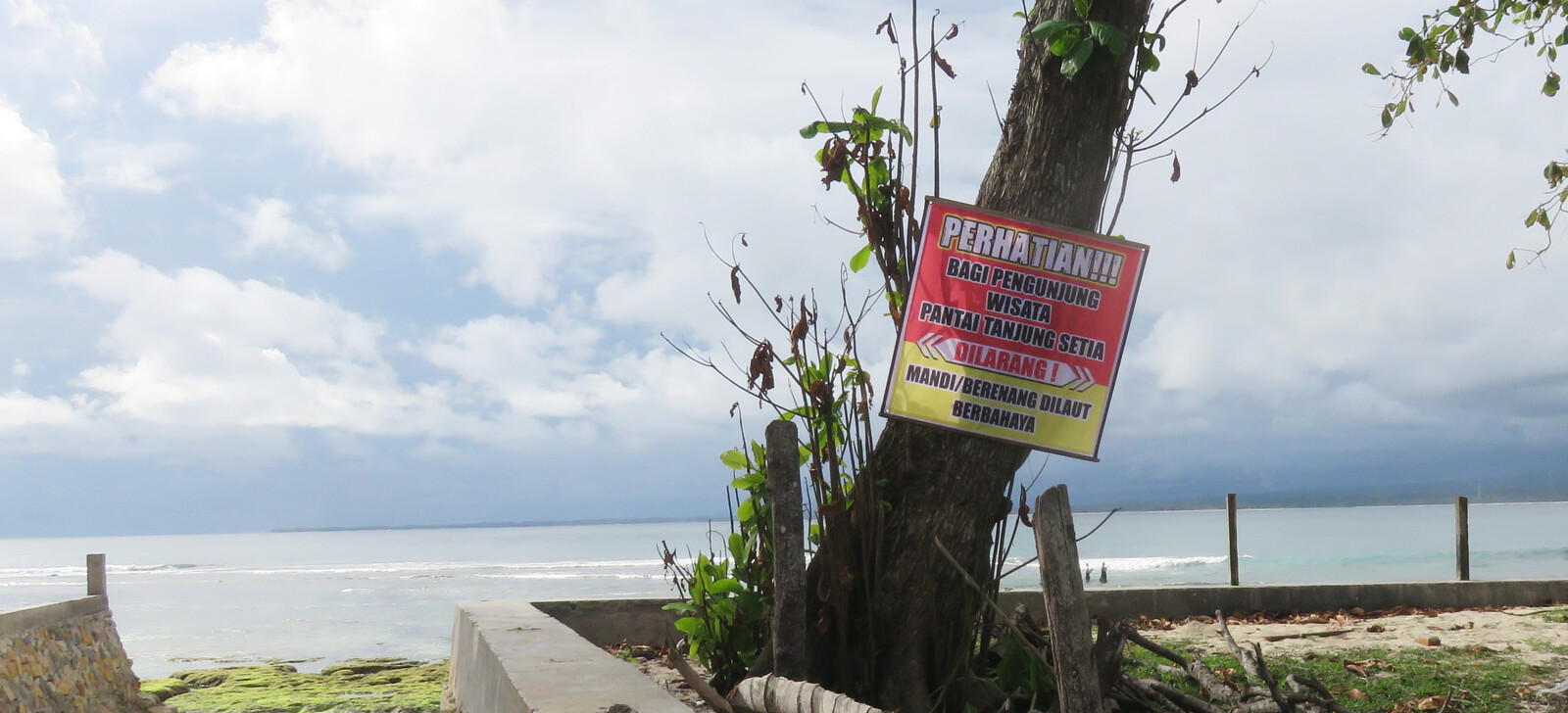 Warning sign at Ujung Bocur surf break sumatra.